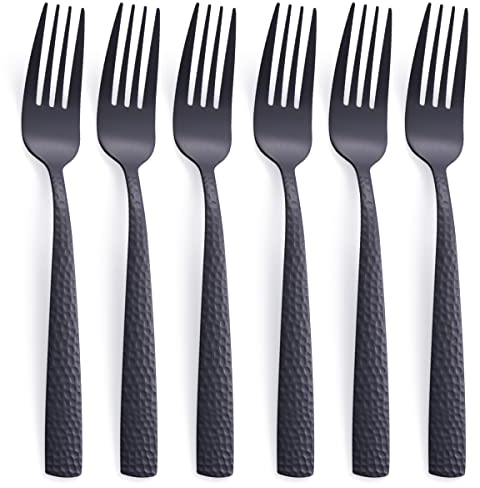 FULLYWARE Set di 6 forchette da cena nere opache, in acciaio inossidabile nero di 20,3 cm, forchetta martellata in metallo, finitura satinata