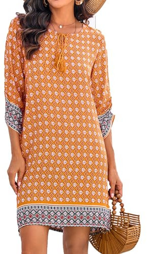 Zeagoo Women's Dress Summer Linen Dresses Casual V Neck Midi Dress 3/4 Sleeve A-line Dress Sundress Tunic Dress M Orange