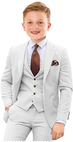 Tesscy Boy Suits Formal White First Communion Suit for Boys 4 Piece Slim Fit Kids Tuxedo Suit Jacket Vest Pants Set with Tie Size 14