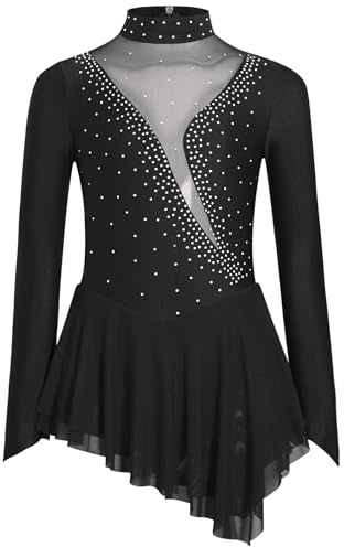 Miaeowve Akrobatik Kleid Kinder Mädchen Langarm Eislaufkleid Strasstein Tanzkleid Schwarz 146-152