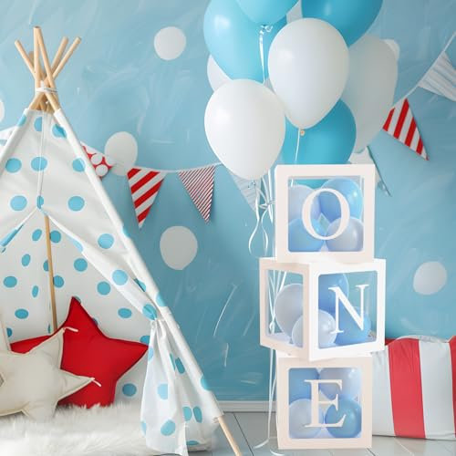 Décorations de 1er anniversaire pour garçons, 3 boîtes blanches avec une lettre et un kit d'arche de ballons bleus, ballons bleu layette, une boîte pour toile de fond de 1er anniversaire, blocs de