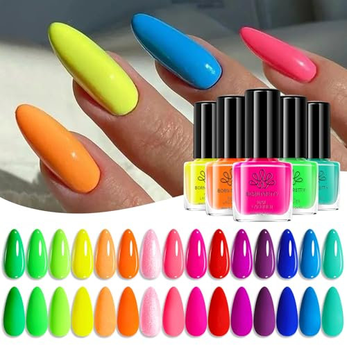 BORN PRETTY Neon Nail Polish Set 15 Colors Nail Varnish Collection Quick Dry & Long Lasting Bright Rainbow Colors Spring Summer Finger Nail Polish Gift Set for Women