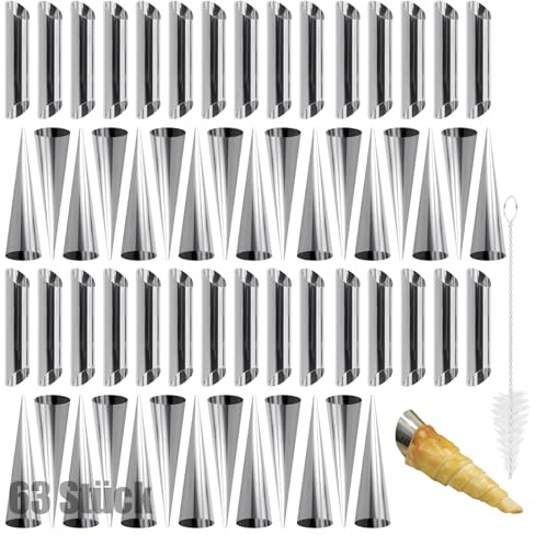 CHUIFAI Lot de 63 Cannoli Moule Set en Acier Inoxydable, Cannoli Tube, Crème Rouleau Crème Corne Moule, Avec 3 Brosses de Nettoyage, Forme Conique pour Moules à Pâtisserie