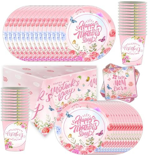 73 stoviglie per festa della mamma, per 24 persone, piatto grande da 9 pollici, tovaglia grande + tazze + tovaglioli, progettate per il set di stoviglie per festa della mamma