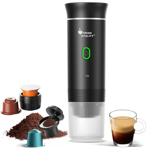 FRESH VITALITY 3-in-1 Portable Espresso Maker – Compact Coffee Machine for Travel | Compatible with Ground Coffee, Large & Small Capsules | Self-Heating, USB-C, Ideal for Camping, Office & Home