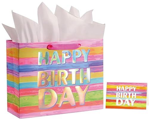 CHarmeFleur 13 Zoll Grande Borsa Regalo di Compleanno con Carta Regalo e Biglietto d'Auguri – Borse Regalo Colorate per Bambini Donne o Festa della Mamma