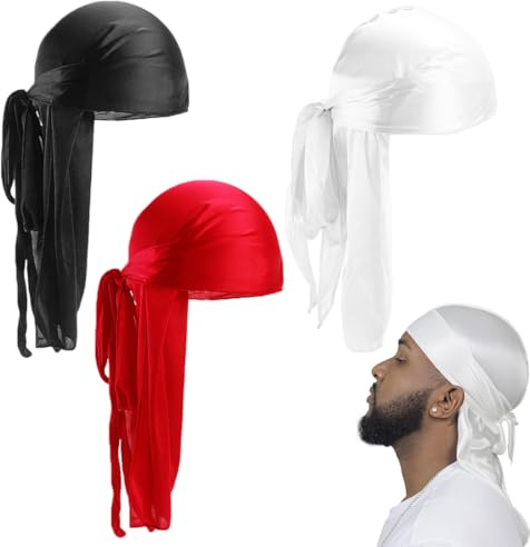JUGUTA 3 Piezas Durag De Seda Gorro De Onda Elástico Envoltura De Cabeza Con Cola Larga Correas Anchas Poliéster Turbante Sedoso Durag De Onda Transpirable Pirata Cap De Hombres Mujeres Unisex