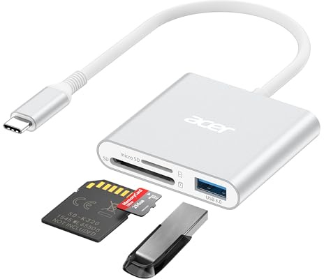 acer Lecteur de Cartes SD avec USB 3.0, 3 en 1 USB C SD Card Reader 3.0, Adapateur pour SD/Micro SD/SDHC/SDXC/MMC, Compatible avec iPhone 16, MacBook Pro/Air, iPad Pro 2021, Pixel, XPS 13, etc