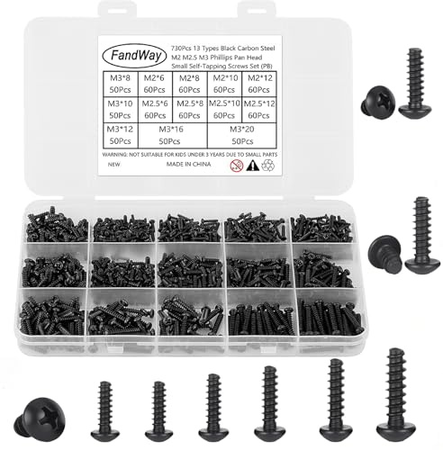 730 Piezas Tornillos Roscachapas de Cabeza Redonda,M2 M2,5 M3 Tornillos Para Madera, Negro Tornillos Autorroscantes Alomada, Cruzada Tornillos Autoperforantes Para Aluminio Plástico Chapa.