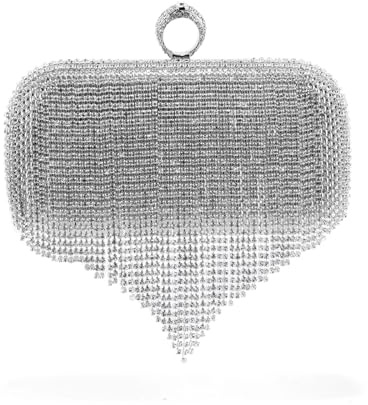WEOKDFHA Kvällsväska, glittrande kuvertväska med tofsar, silverstrass, fingerring och diamanter, kvällsaxelväska, metallkedja för kvinnor