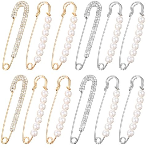 DOPENSPI 12 Stück Broschen Anstecknadeln Damen,Perlen Brosche für Kleidung Vintage Sicherheitsnadeln mit Strass für Pullover Schal Clip Strickjacke Kleid Kleidungsstück Dekoration Zubehör Schmuch