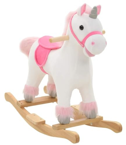 GeenYuu Animal à bascule licorne en peluche blanche et rose avec base en bois 65 x 32 x 58 cm pour enfants à partir de 24 mois, cheval à bascule avec cadre en métal solide et rembourrage doux