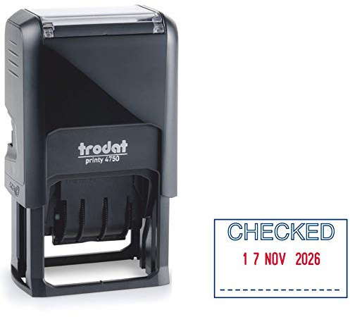 Trodat Printy 4750 Dater Stamp with English Phrase CHECKED - Self Inking, Red Ink Date and Blue Text black,Small