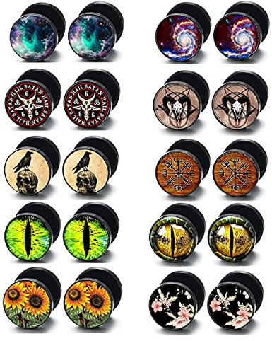 10 Pairs Stainless Steel Men Earrings Studs Fake Gauges Ear Piercing Plugs Tunnel Screw Design Eyeball Black Earrings Flat Back Stud Earring Set for Men Women (black 10 pairs)
