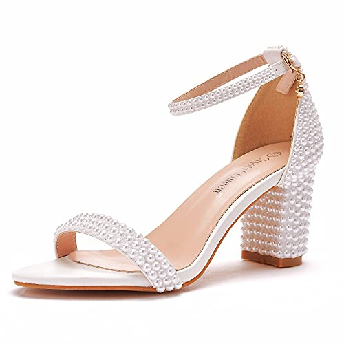 2.75 inch block heel sandals women's thick chunky heels peep toe wedding sandals full pearls white lace sandals for wedding party birthday and evening shoes, White pearls, 35.5 eu