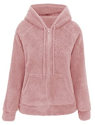 RISISSIDA Women Sherpa Jacket Faux Fur Fleece Short Coat with Hood Fall Spring Fuzzy Fluffy Furry Plush Lightweight Transitional Zip Up Hoodie Pink L