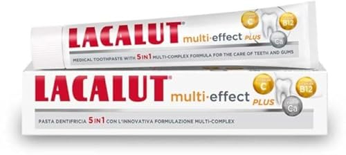 Lacalut Multi-Effect - Dentifricio al Fluoro 75 ml - Formulazione 5in1 (Rinforza Smalto, Tonifica Gengive, Previene Carie, Denti Bianchi e Alito Fresco) una Completa Igiene Orale e Dentale