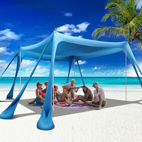 VIONMI Stranddach, Strandzelt, Pop-Up-Schatten, 3 x 3 m, Sonnenschutz LSF 50+, mit 8 Sandsäcken, 2 Sandschaufeln, 4 Aluminium-Stangen, Heringe, tragbare Tragetasche für Outdoor, Familie, Camping,