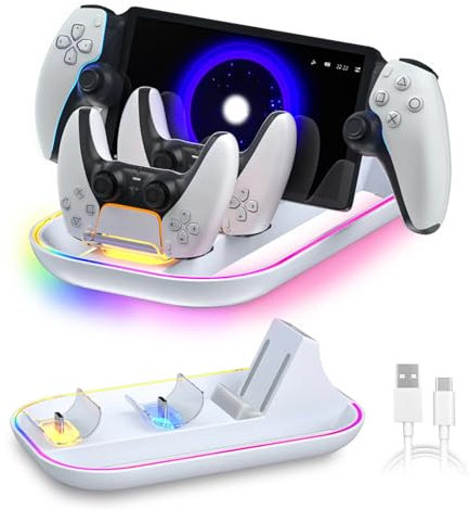 PS Portal Charger Dock – 3-in-1 RGB Charging Dock Station for PS Portal & PS5 Controllers with Indicator, Type-C Cable, Dual Holder for PlayStation Remote – Gaming Setup for PlayStation Players