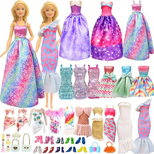 28 PCS Doll Clothes and Accessories Set Including 8 Dress 10 Shoes 1 Swimwear 9 Bags Makeup Perfume Accessories for 11.5 Inch Doll Girls Birthday Gift, in Random