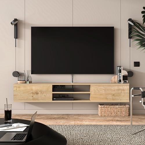 Uniqtrio Floating TV Unit, Floating TV stand Cabinet, TV Units for Living Room 75 inch TVs, TV Stand Unit, TV Table, Media Wall Unit, TV Stands for Living room Entertainment Wall Unit (Oak)