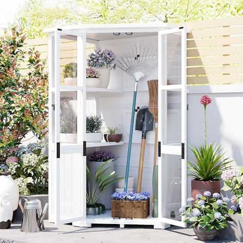 63'' Height GWood Storage Cabinet Outdoor Tool Storage Shed, Mini Greenhouse Cold e with Waterproof Roof and Lockable Door for Backyard,Patio, Lawn, White