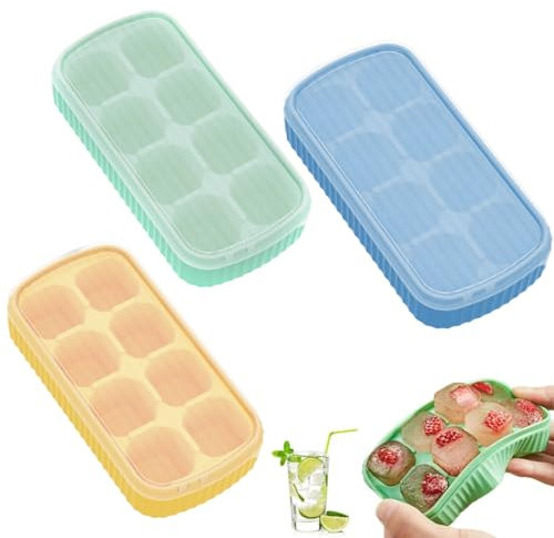 KEQAR Stampo per Cubetti di Ghiaccio in Silicone, 3 Pezzi, Porta per Freezer, Impilabile e Lavabile in Lavastoviglie, con Coperchio (Tre Colori)