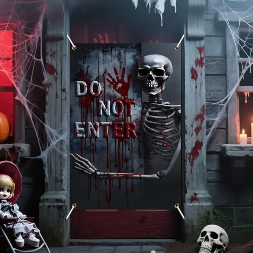 Halloween Scary Door Decorations, Skeleton Curtain for Door Window Cover, DO NOT ENTER Halloween Window Curtains, Halloweens Window Decorations for Indoor Outdoor Door Wall Poster