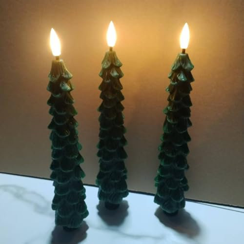 Roadtime Candele per albero di Natale con telecomando e timer, 4 candele a LED di cera tremolante, alimentate a batteria con stoppino 3D, candele verdi per la decorazione del camino e della casa