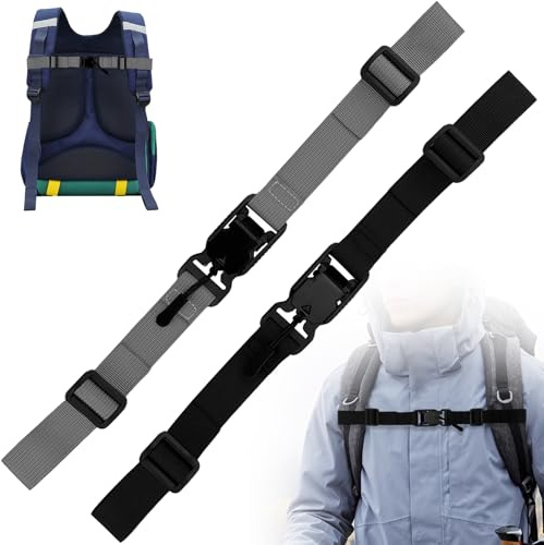 Boloest 2 Piece Adjustable Backpack Chest Strap, Magnetic Buckle Non-Slip Quick Release Chest Belt, Backpack Replacement Straps for Hiking，School Bags（Black，Grey）