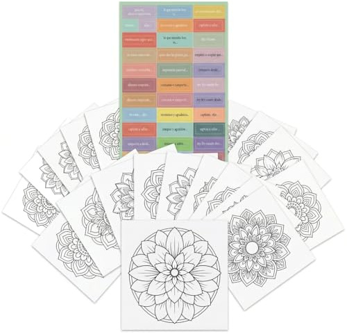 Mandalas para Colorear Adultos – 22 Láminas 20x20 cm en Cartulina 250 g + Pegatinas de Intención + 12 lápices de colores | Mandalas Antiestrés para Relajación y Mindfulness