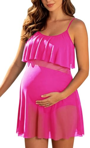 SHEKINI Maillot de bain de maternité deux pièces pour femme - Ensemble tankini taille haute avec empiècements en maille