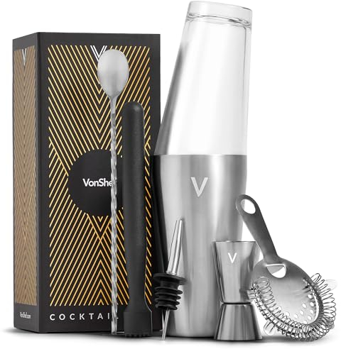 VonShef Cocktail Shaker Set, Silver 6pc Set with Boston Cocktail Shaker, Bartender Kit with Strainer, Muddler, Jigger & More, Gift Box Included