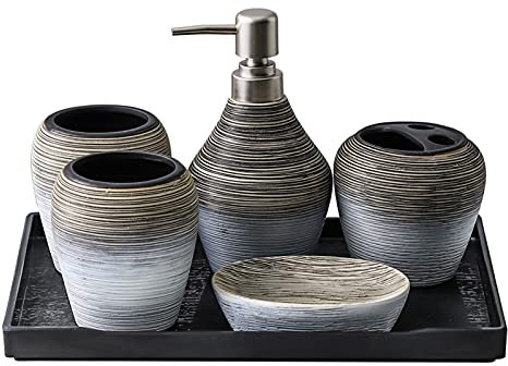 Tauzveok Badzubehör-Set Aus Gebürsteter Keramik Anzug-Set Mit Seifenspender, Seifenschale, Zahnbürstenhalter, 2 Zahnputzbechern, Für Zuhause Und Hotel,6Pcs (with Tray)