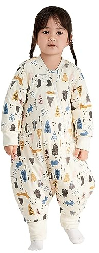 Duomiaomiao 3.5 Tog Baby Schlafsack mit füßen, Winter mit füßen,100% Baumwolle Schlafsack Baby, Baby Jungen 3.0 Tog mit Schlafsack, Cartoon-Laub (75cm-Beige Panda)