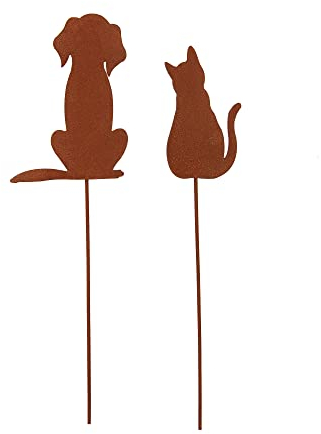 UNUS Lot de 2 piquets de jardin en métal patiné pour jardin - Motif chien et chat - Aspect rouille - Décoration pour jardin, terrasse, balcon, pot de fleurs