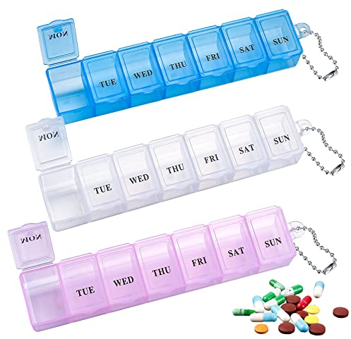 3 Stück Tablettenbox 7 Tage, Klein Pillendose Große Fächer, Handlicher und Feuchtigkeitsbeständiger Medikamentenbox, Medikamentendosierer für Vitamine Nahrungsergänzungsmittel und Medikamente