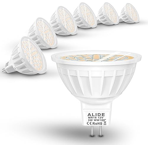 ALIDE MR16 Led Flood Bulbs 5W, Replace 50W Halogen,Wide Angle 120 Degree Beam,GU5.3 Bi-Pin 2700K Warm White,12V MR16 LED Bulb for Overhead Tracking Flood Recessed Accent Landscape Lighting,6 Pack
