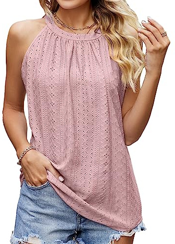 BKEPDY Camiseta Tirantes Mujer Tank Top Camisola Verano Cuello Halter Blusa sin Mangas Bordado Calado Tops Elegante Ropa Casual Deporte Algodon