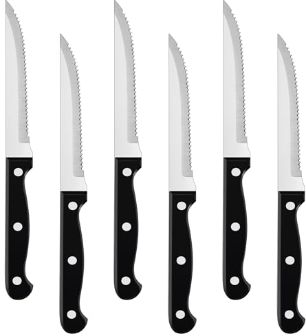 Joyfair Steak Knives Set of 6, Stainless Steel Steak Knives with Serrated Edge, Utility Table Dinner Cutting Set Ideal for Slicing Bread Meat Cake Vegetable, Dishwasher Safe & Ergonomic Handle, 22cm