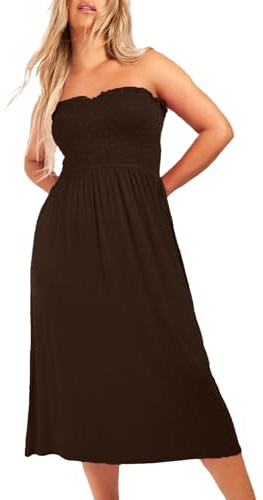 NetSetUK Women's Strapless Sheering Boob Tube Gather Oversized Plus Size Elasticated Bust Bandeau Plain Beach Summer Sleeveless Top Midi Dress for Ladies 8-22 Brown