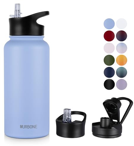 MURBONE Insulated Water Bottle, 1L Stainless Steel Drink Flask with Straw, BPA Free, Leakproof Double Walled Vacuum Bottle with 2 Lids (Straw and Spout), Blue