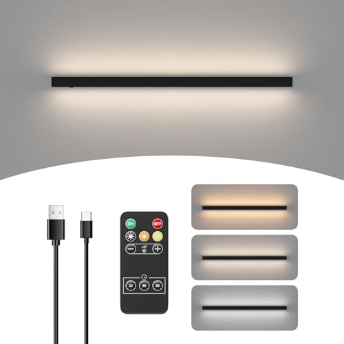 Kligten 6W LED Applique Murale Dimmable, 80cm Rechargeable Noir Lampe Murale Sans fil avec Télécommande, Longue Éclairage Murale pour Salon Escalier Chambre à Coucher
