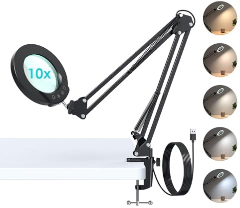 Neoglint Lámpara de Escritorio con Lupa de, 5 temperaturas de color,Regulable, Control Táctil, Lente de Vidrio Verde, lupas de gran aumento con luz 10X,Adecuada para Lectura y Fabricación de Bricolaje