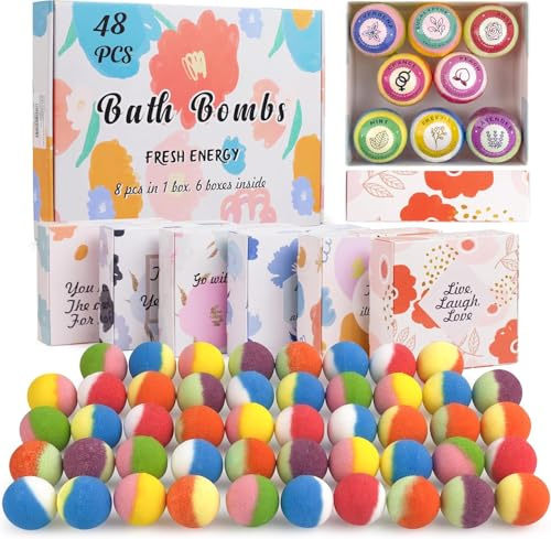 48 Natural & Organic Bath Bombs for Women and Kids, Rich in Essential Oils, Relaxation and Stress Relief, BathBombs Gift Set for Mothers Day, Easter & Birthday