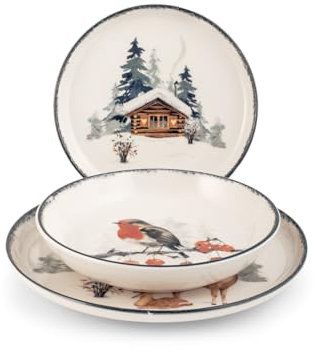 H&H, Servizio tavola 18 pezzi Frosty, set tavola natalizio, decoro pettirosso, in stoneware, lavabile in lavastoviglie