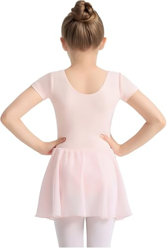 TinyChoice Ballet Leotards for Girls Ballet Dress for Toddler Dance Leotard Outfit with Short Sleeve and Skirt, Ballet Pink, 6-7Y