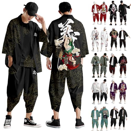 Set de Kimono para Hombre, Vestido de Harajuku Japonés de Anime, de Anime, Cárdigan + Pantalones Harem, Pijama de Vapor y Cómodo, Primavera, Camisa de Noche, Negro 4, L