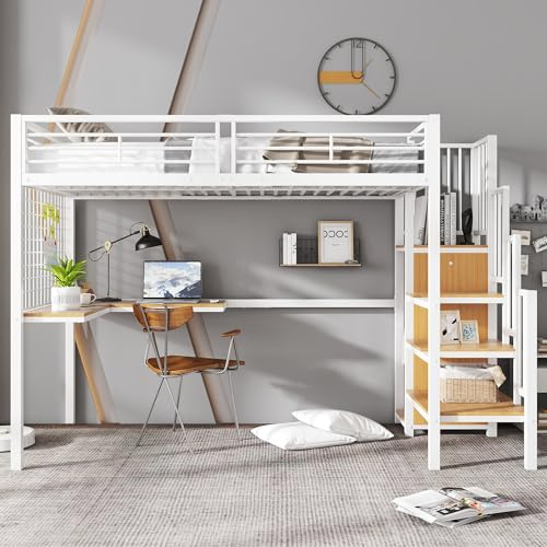 Idemon Cama litera de hierro, cama alta para niños y adolescentes, con mesa y armario, escalera lateral con pasamanos, hierro + tablero de partículas, 90 x 200 cm (blanco y natural)