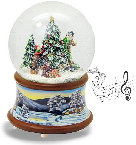 Sfera di neve di Natale con musica, palla di neve per decorare albero di Natale, base paesaggio invernale marrone, larghezza 100 mm, altezza 140 mm, carillon meccanico, decorazione natalizia 20194